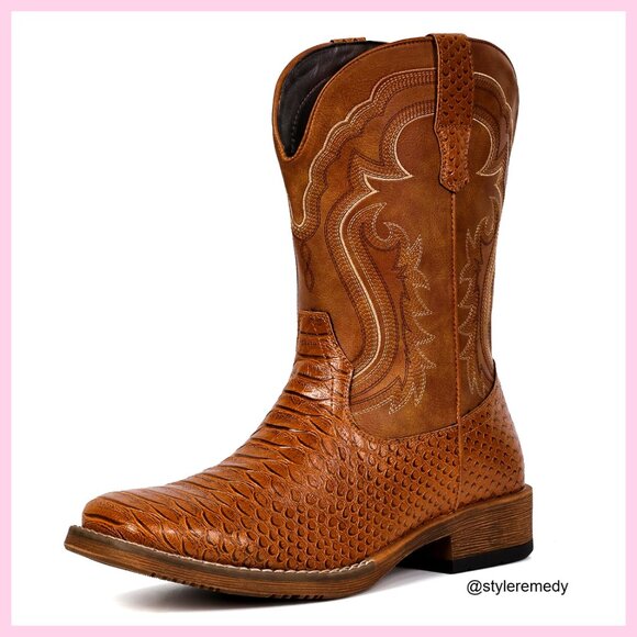 Men's Faux Snake Skin Embroidered Western Boots Slip Resistant Square Toe Pull